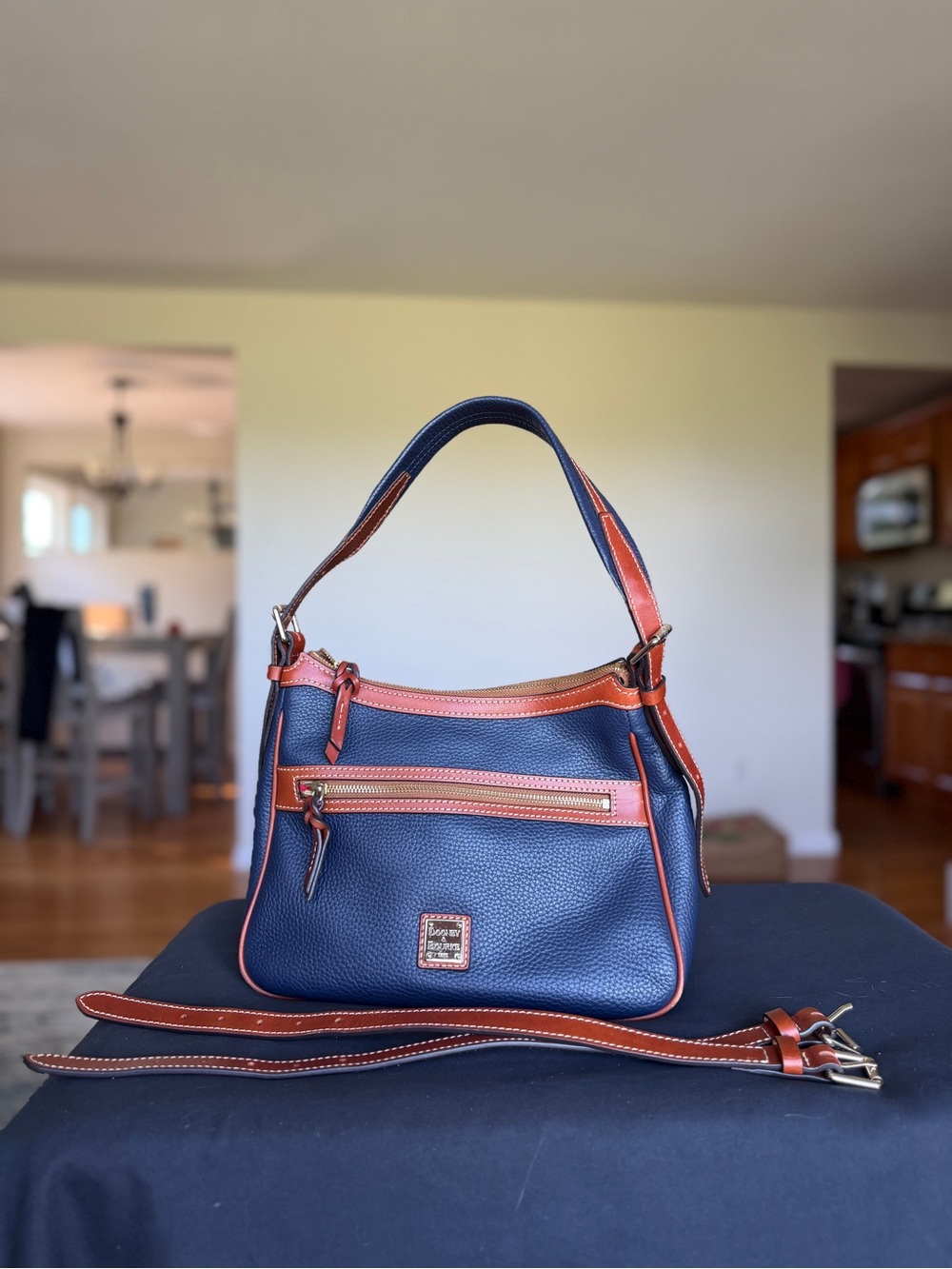 Dooney & Bourke Navy Pebbled Leather Shoulder Bag with Tan Trim